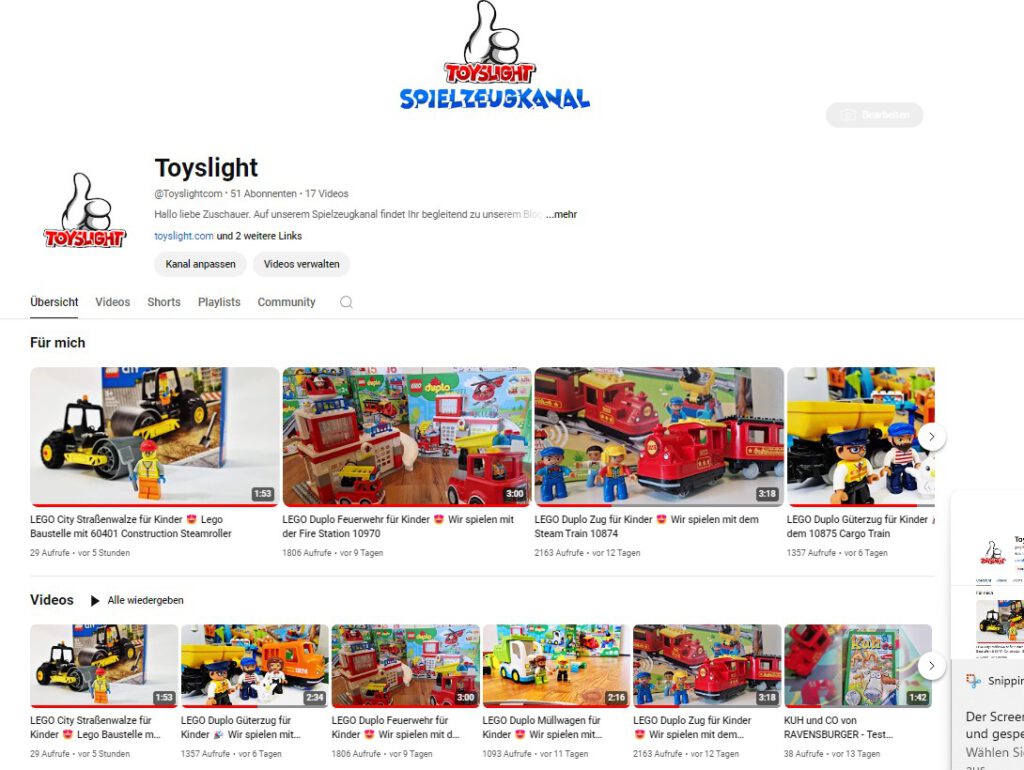 Deutscher Spielzeugkanal auf Youtube Toyslight